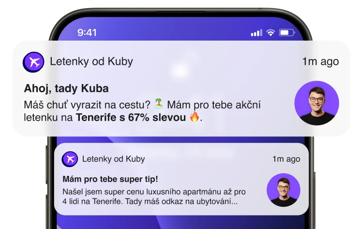 Upozornění s tipem od Kuby na mobilu